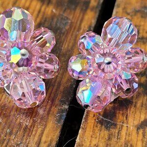 Signed Sherman Beaded Pink Swarovski Crystal Beads AB Aurora Borealis  Clip on E